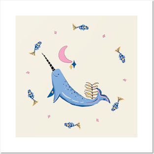 Narwhal with fishes - blue, pink, yellow Posters and Art